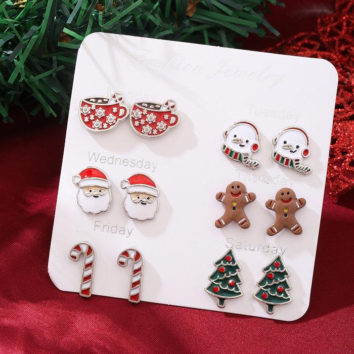 Wholesale Christmas Earrings Combination New Cartoon Holiday Alloy Oil Dropping Elk Bell Earrings suit