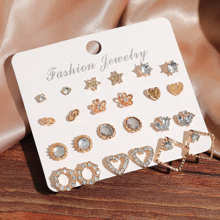 Wholesale 12 pairs of high-end diamond studded earrings, fashionable and trendy women's ear accessory set
