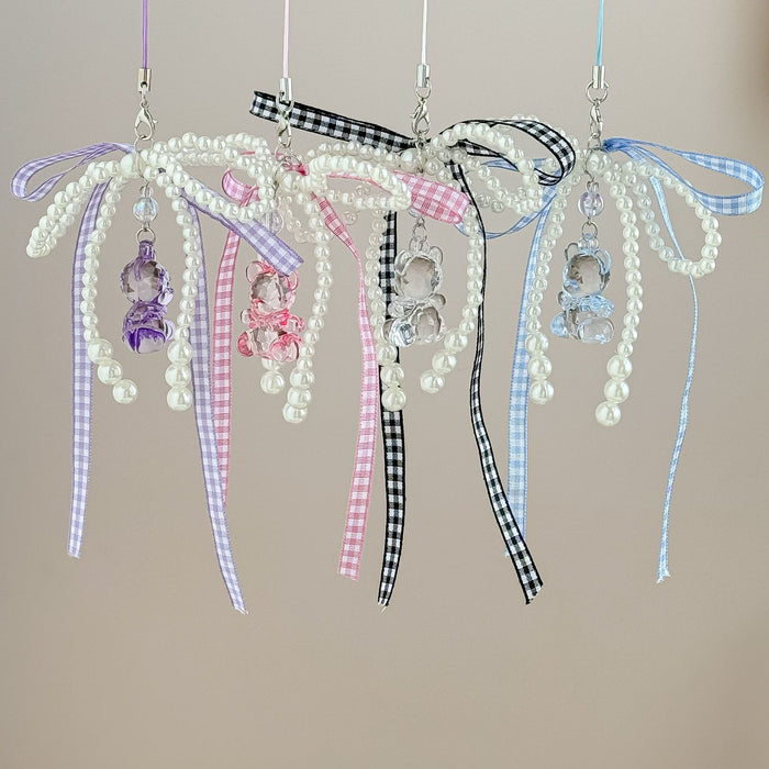 Wholesale Ribbon Bow Mobile Phone Chain Cute Bear Bag Hanging Jewelry Beaded Keychain