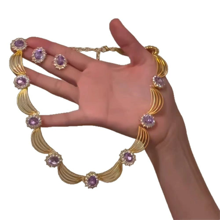Wholesale Retro purple imitation diamond necklace earrings exaggerated personality collarbone chain