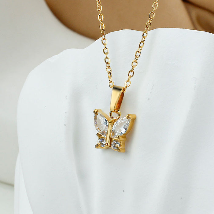 Wholesale Gold Butterfly Zircon Pendant Necklace Titanium Steel Fashion Jewelry MOQ≥2