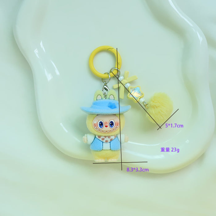 Wholesale Flocked denim car keychain doll jewelry pendant small fur ball cute grain pendant gift