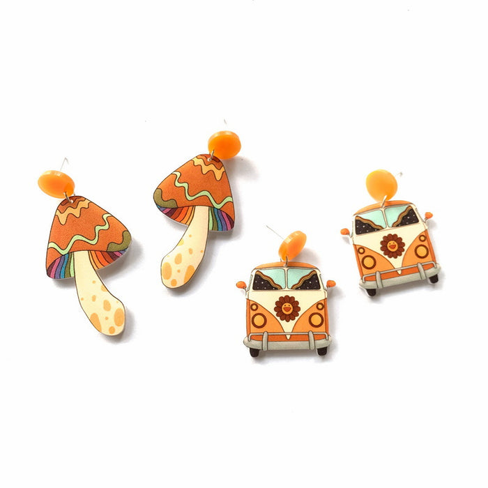 Wholesale Earrings Acrylic Print Striped Orange Mushroom Bus JDC-ES-Xuep083
