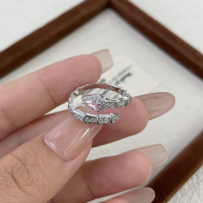 Wholesale S925 Sterling Silver Light Luxury Flash Diamond Snake Ring Unique Pink Zircon Finger Ring Exquisite