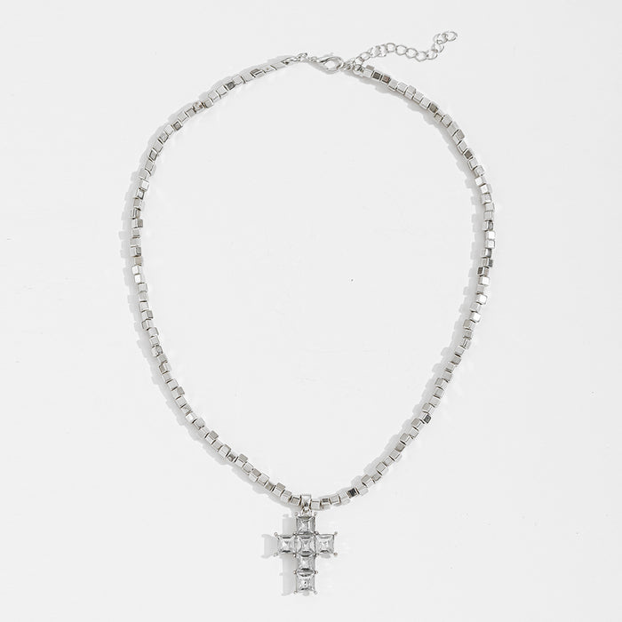 Wholesale Square bead cross necklace, niche and high-end, diamond studded collarbone chain, fashionable and versatile, sweet and cool accessory