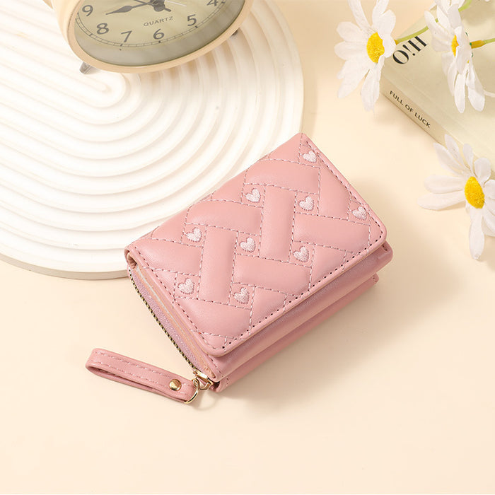 Wholesale Stylish Embroidered Love Short Wallet for Women PU Leather Trendy Accessory MOQ:3