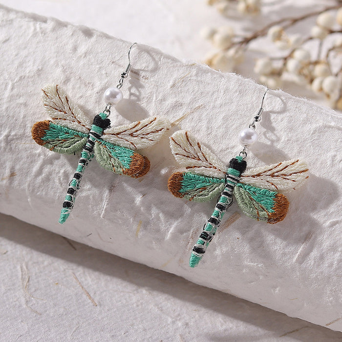 Wholesale Vintage Dragonfly Fabric Pearl Earrings JDC-ES-Qianzi003