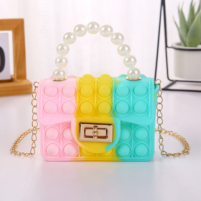 Wholesale PVC Jelly Bag Silicone Coin Purse Children Crossbody Double-sided Bubble Pearl Handbag Chain Bag