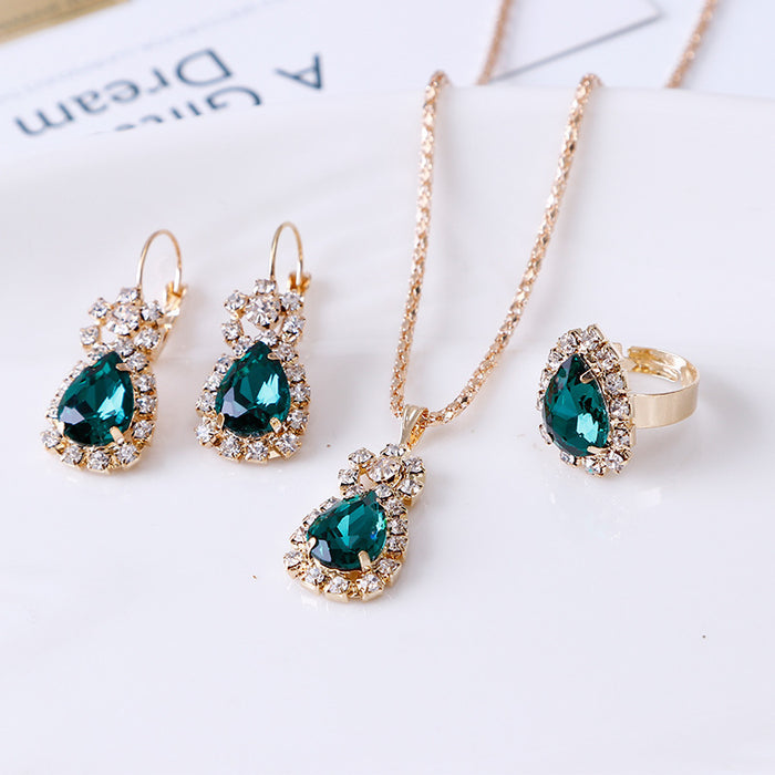 Wholesale water drops rhinestone necklace earrings ring set high-grade bridal jewelry