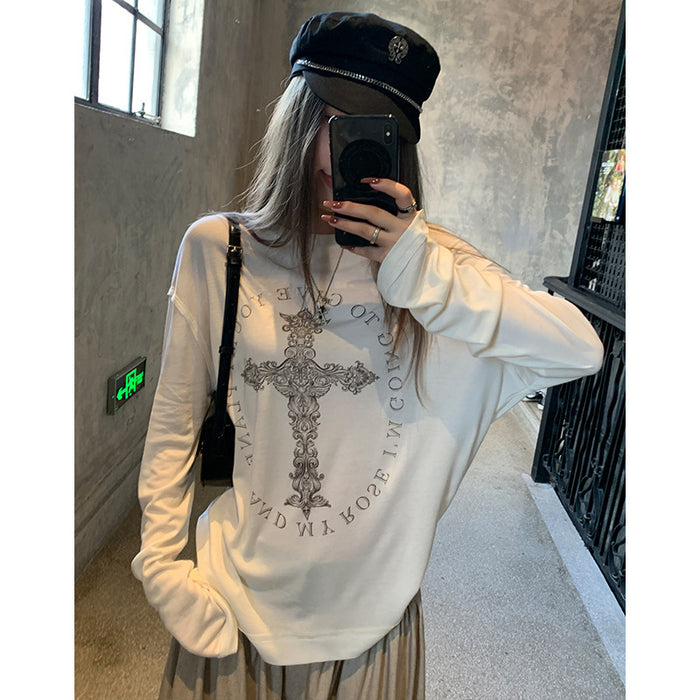 Wholesale Drapey raw edge printed long-sleeved loose T-shirt design mid-length for women