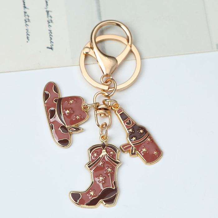 Wholesale retro brown western cowboy hat boots pendant keychain
