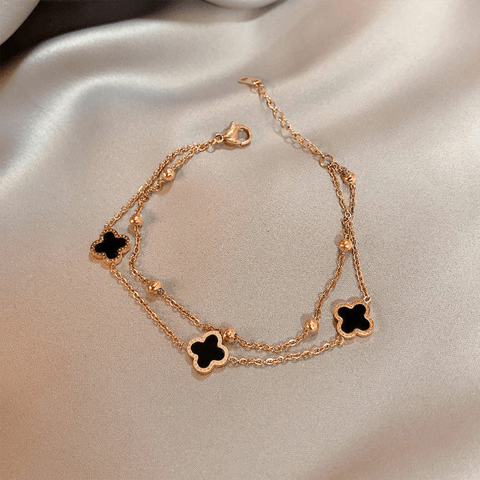 Wholesale [Full Titanium Steel] Non-Fading Four-Leaf Clover Bracelet, Fashionable Double-Layer Chain