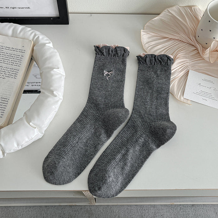 Wholesale Thin double-layer bubble mouth lace bow middle tube socks stacked with cotton socks