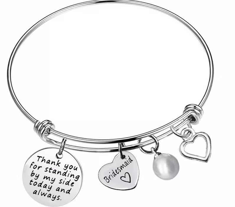 Wholesale Circular hanging tag bracelet, stainless steel heart engraved lettering pendant, round adjustable steel pearl pendant bracelet
