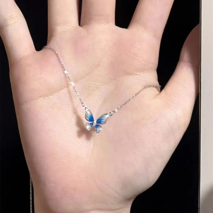 Wholesale Gradient blue butterfly necklace, niche, light luxury, high-end design, collarbone chain