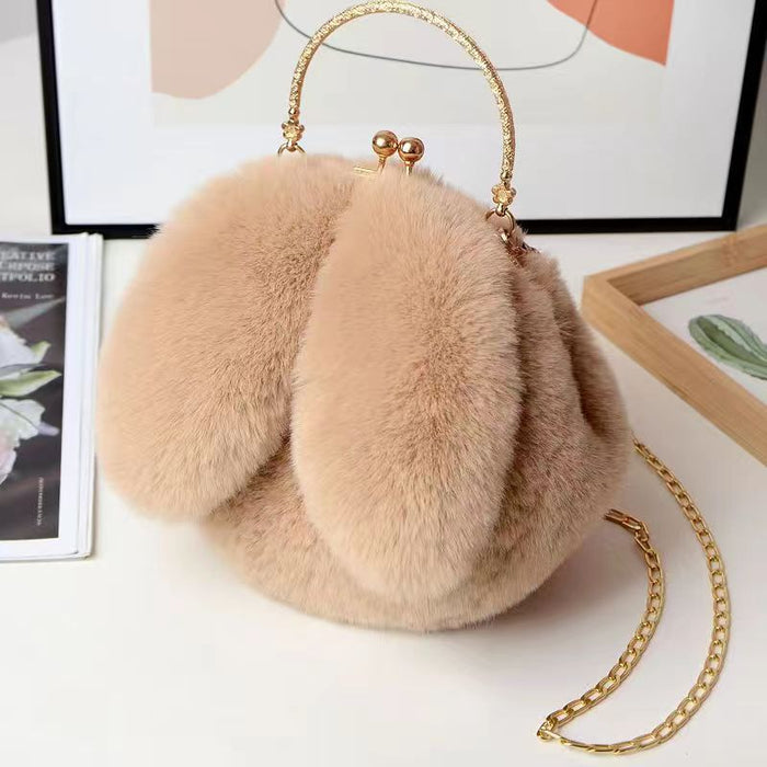 Wholesale Plush Shoulder Bag Women's Portable Crossbody Bag Chain Mobile Phone Bag All-match Small Round Bag Rabbit Ear Clamp Bag