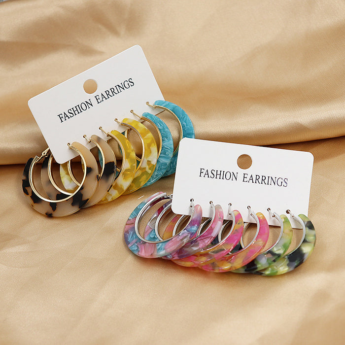 Wholesale Acetic acid sheet C-shaped circular earrings for women, geometric 3 pairs earring set