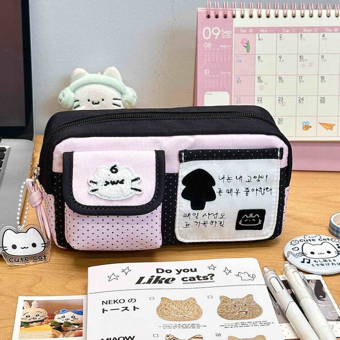 Wholesale Cute Four-Leaf Clover Kitten Pencil Case Polyester Large Capacity Gift