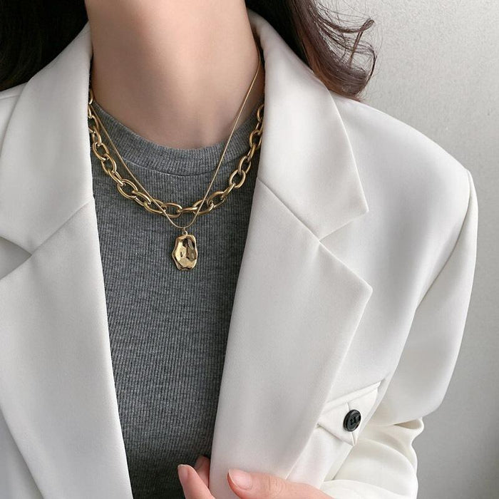 Wholesale Irregular pendant, double-layer titanium steel thick necklace, women's niche design, sweater chain
