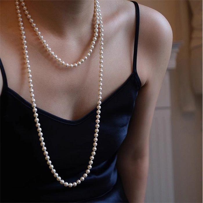 Wholesale Round and long pearl necklace, extra long, light luxury, niche new style, retro and high-end, double-layer and multi-layer layered wearing