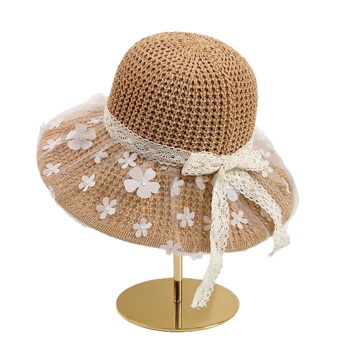 Wholesale Lace flower big grass hat versatile beach hat, sunshade and sun protection fisherman hat