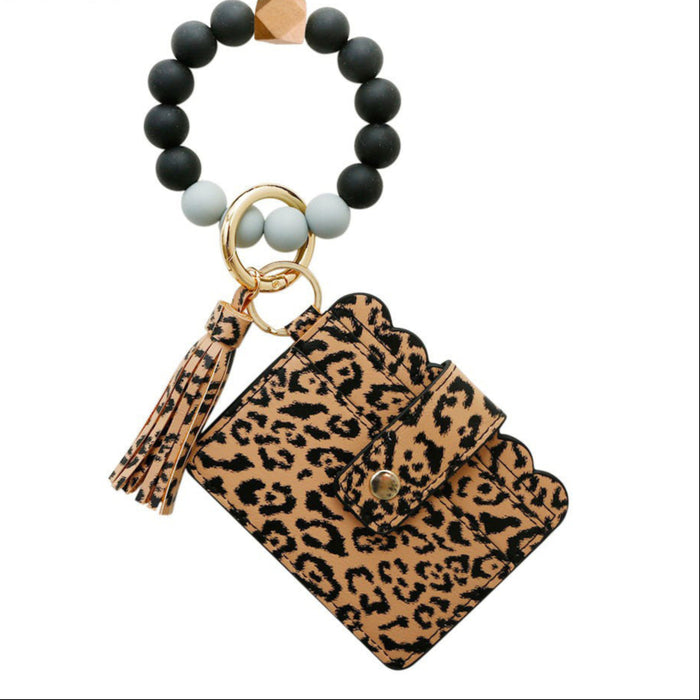 Wholesale Silicone Beads Beaded Wrist Ring Keychain Card Holder Leopard Print PU Tassel Advanced Sense Key Chain Card Holder