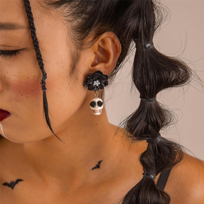 Wholesale Dark Skull Black Camellia Earrings  Funny Fun Earrings