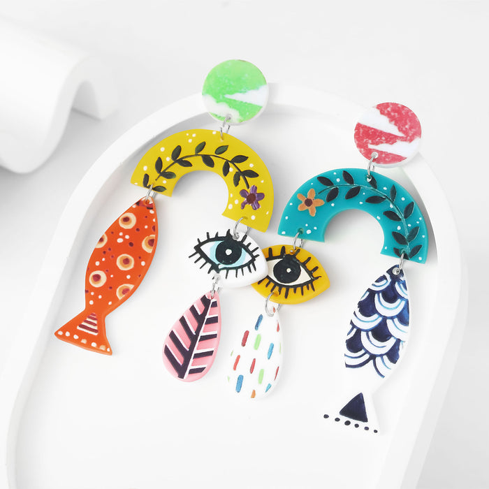 Wholesale environmentally friendly acrylic earrings personality fish eyes leaf printing vintage earrings