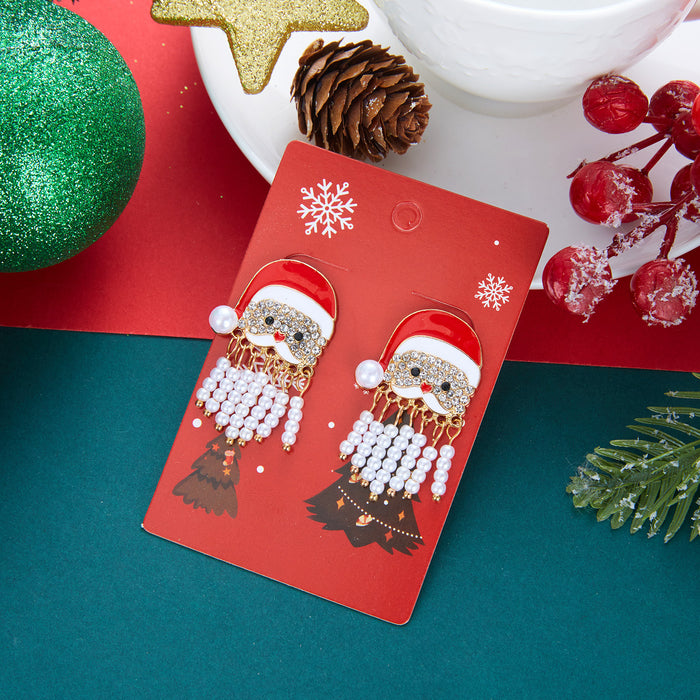 Wholesale Christmas Santa Hat Tassel Earrings Pearl Rhinestone Long Drop Alloy Jewelry Accessory for Holiday Party