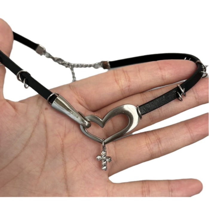 Wholesale Brown Leather Metal Heart Cross Short Necklace Clavicle Chain