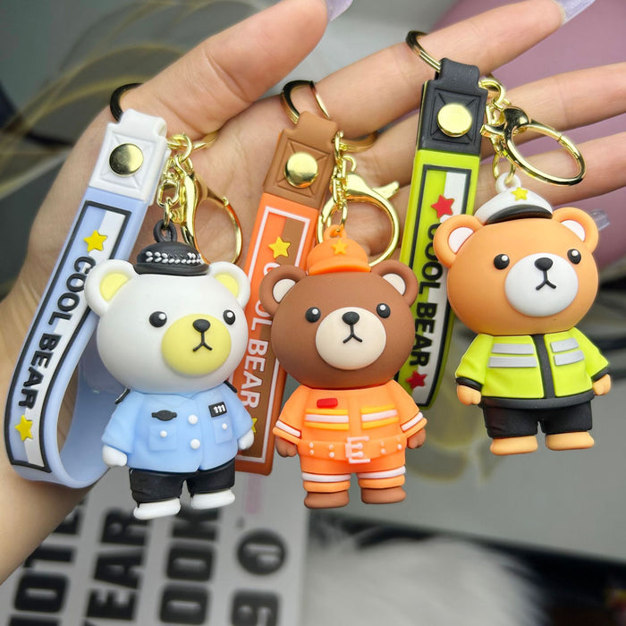 Wholesale Cartoon police teddy bear keychain, firefighter figurine pendant, car ornament