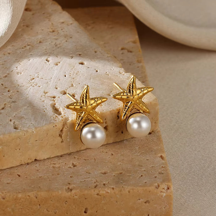 Wholesale Mini Cute Stainless Steel Pearl Starfish Earrings Retro Exquisite Earrings