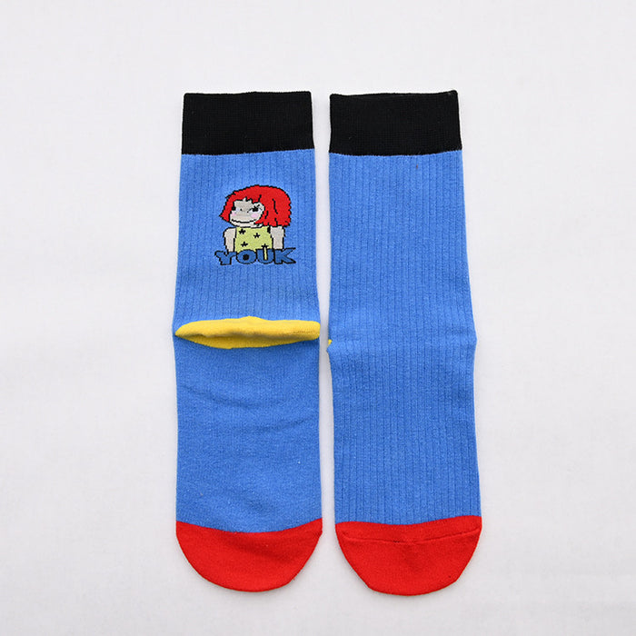 Wholesale New illustration women's socks, cotton socks, mid tube trendy socks, cartoon socks