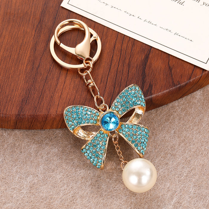Wholesale Red Rhinestone Pearl Bow Keychain Bag Charm Car Key Accessory Birthday Gift MOQ≥2