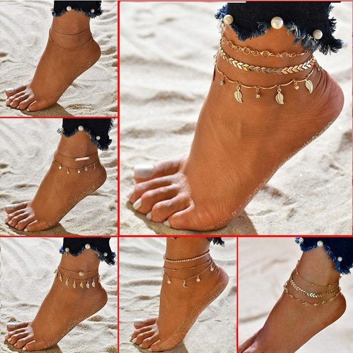 Wholesale Beach multi-layer zircon leaves, octagonal pearl ankle chain, sun moon star pattern jewelry