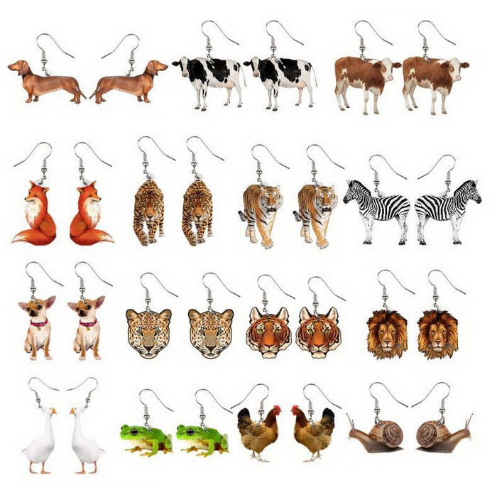 Wholesale Cute Cow Fox Tiger Leopard Chips Baby Duck Lion Dachshund Frog Hen Snail Earrings