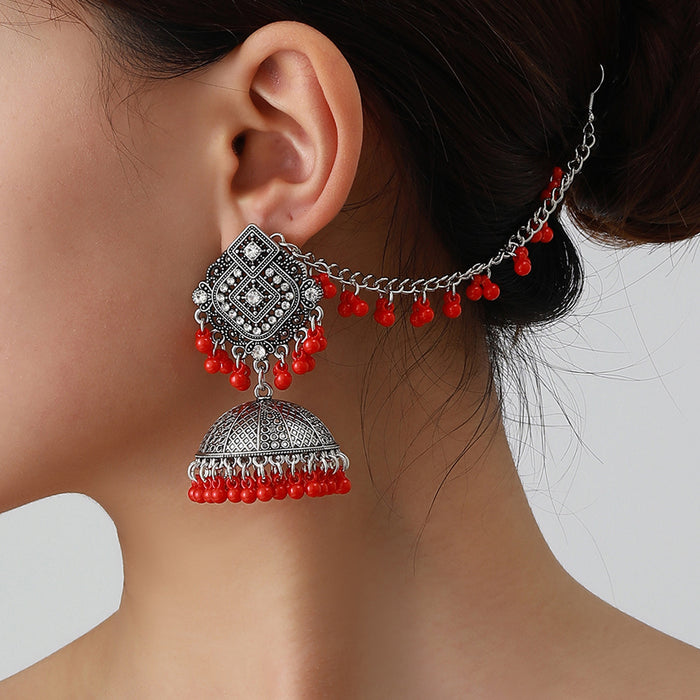Wholesale vintage ethnic style rhinestone bell tassel earrings and hair chain set