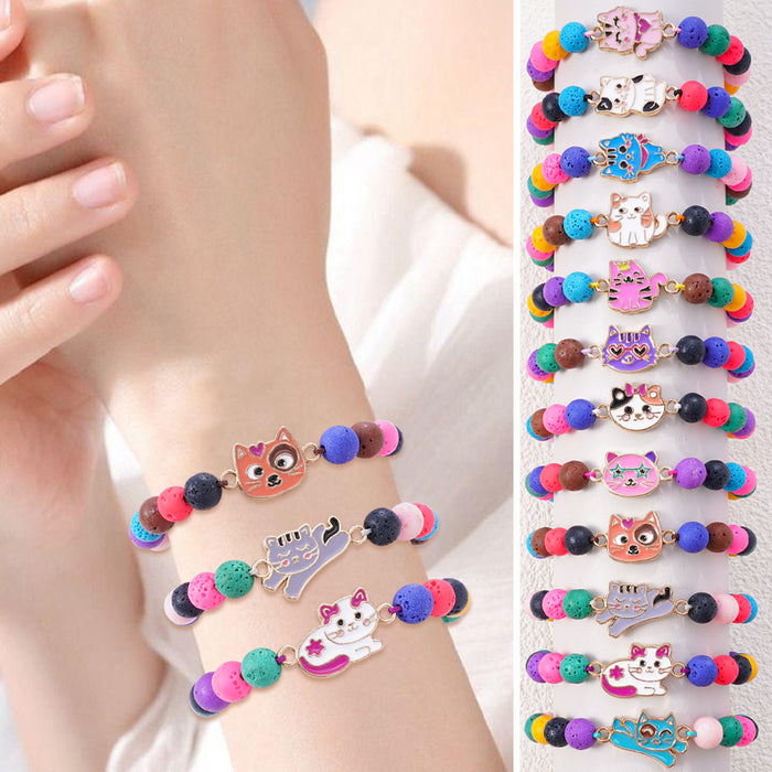 Wholesale 12pcs/set Children's Bracelet Female Volcanic Stone Cartoon Cat Bracelet Set