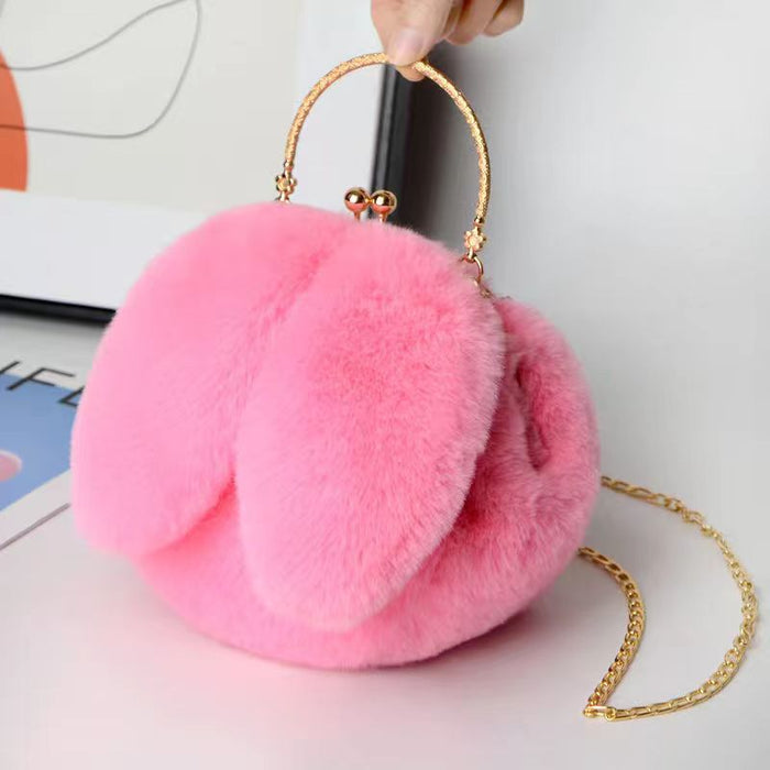 Wholesale Plush Shoulder Bag Women's Portable Crossbody Bag Chain Mobile Phone Bag All-match Small Round Bag Rabbit Ear Clamp Bag