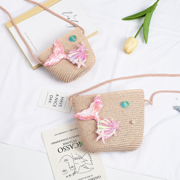 Wholesale Straw Mermaid Crossbody Bag for Girls Cute Summer Beach Purse Resale Gift