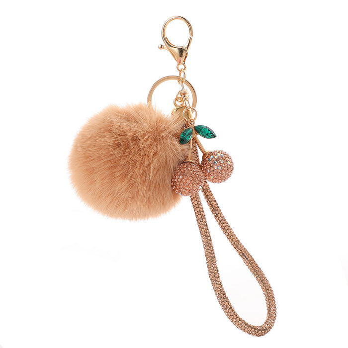 Wholesale Simulation Fruit Crystal Cherry Pom Pom Keychain with Rhinestone Decoration