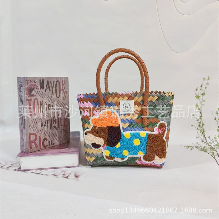 Wholesale Cartoon Woven Bag Large Capacity Work Bag Hand Woven Vegetable Basket Handbag