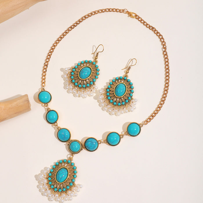 Wholesale Bohemian Turquoise Fringe Earrings and Necklace Set Alloy Jewelry