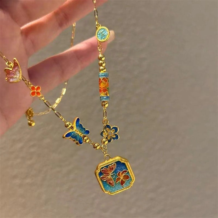 Wholesale Pure Copper Gold Plated Enamel Butterfly Necklace Exquisite Antique Woolen Chain
