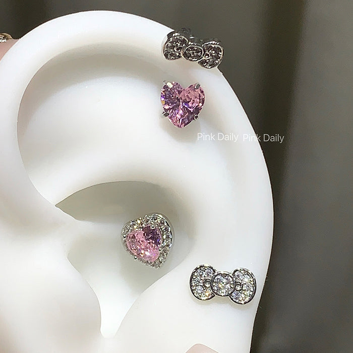 Wholesale  Cute  bow horseshoe ring pink love zircon titanium steel ear bone nail 1.2mm thick earrings