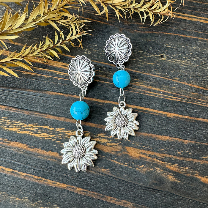 Wholesale cow' s head sunflower inlaid turquoise ing denim earrings