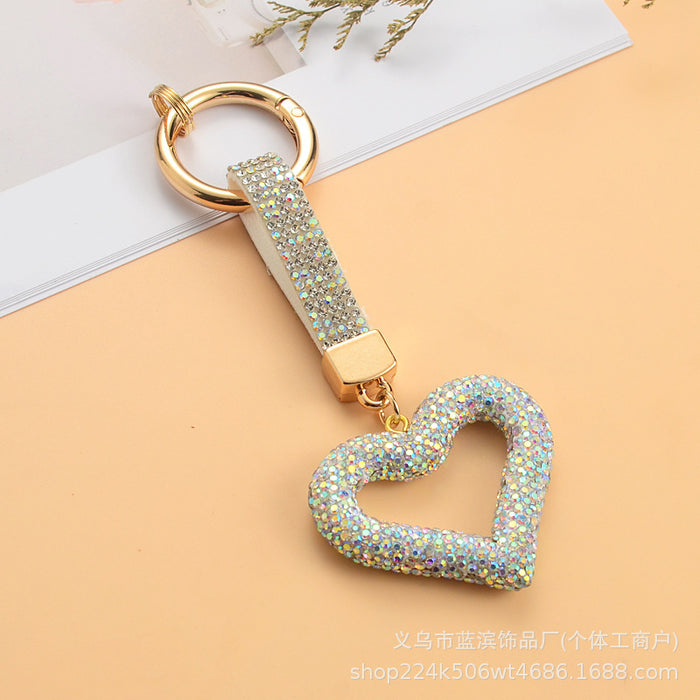 Wholesale Full rhinestone heart keychain with diamond cord hollow heart car pendant