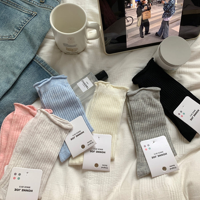 Wholesale Curled edge socks, mid length socks, new cotton socks, thin mesh breathable stacking long socks