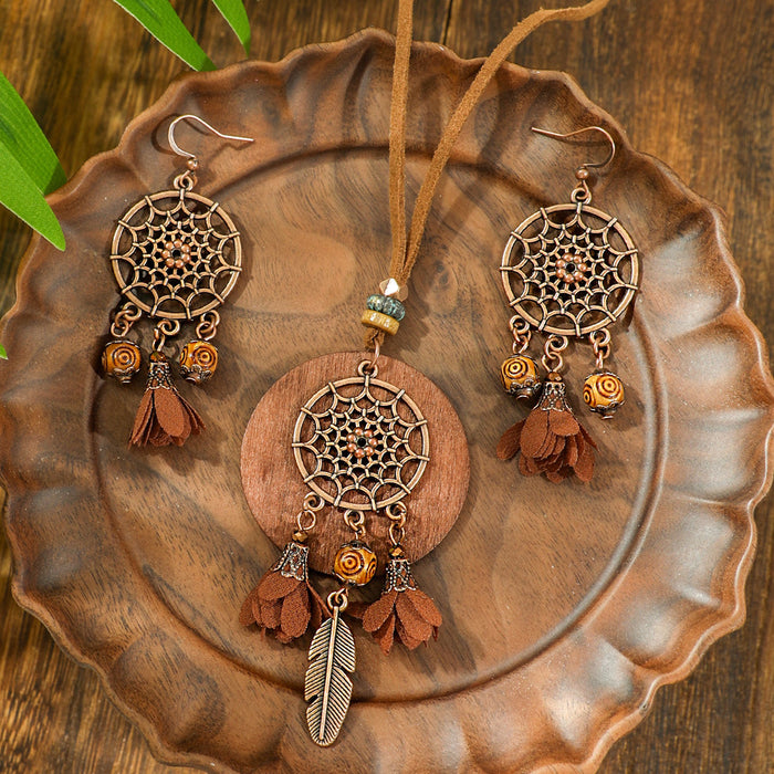 Wholesale Bohemian Dreamcatcher Tassel Earrings and Wooden Pendant Necklace Set