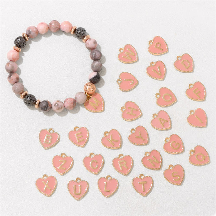 Wholesale 26 letter alphabet heart charm bracelet with 8mm stone beads  pink zebra jasper and volcanic rock beads